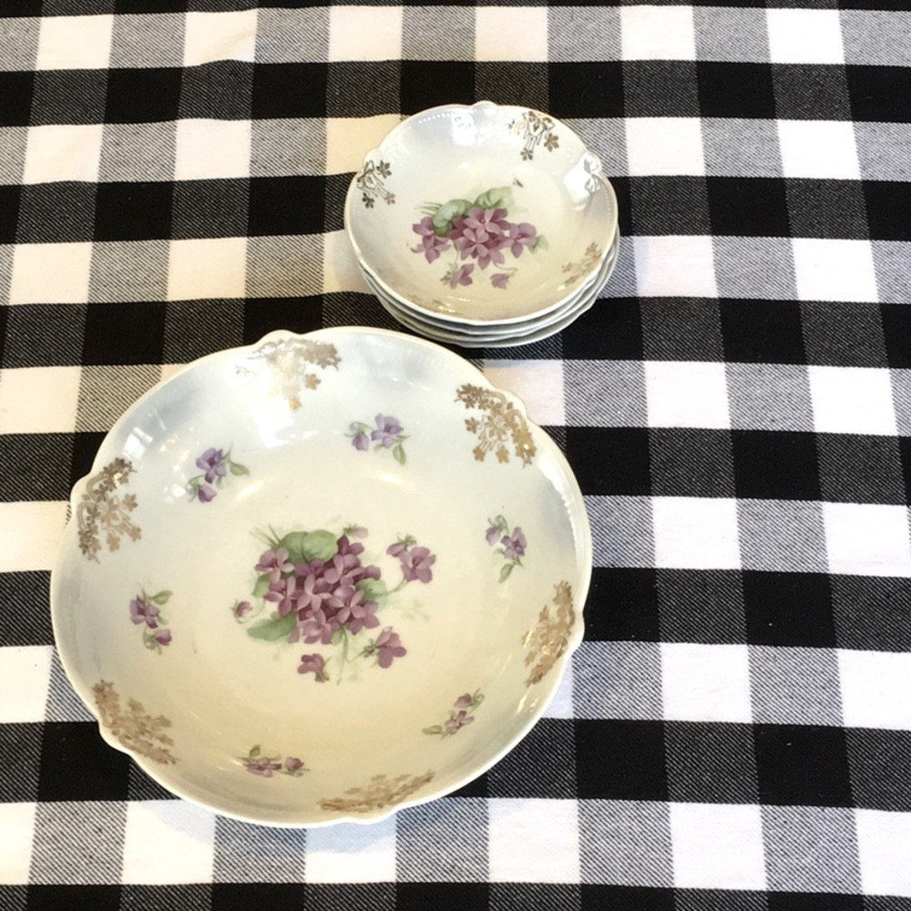 Antique Bavaria “ Violets” Bowl with four small bowls